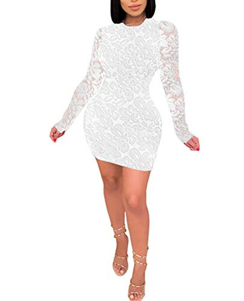 Womens Club Lace Bodycon Dress - Long Sleeve Mini Cocktail Party Tight Dress White Medium