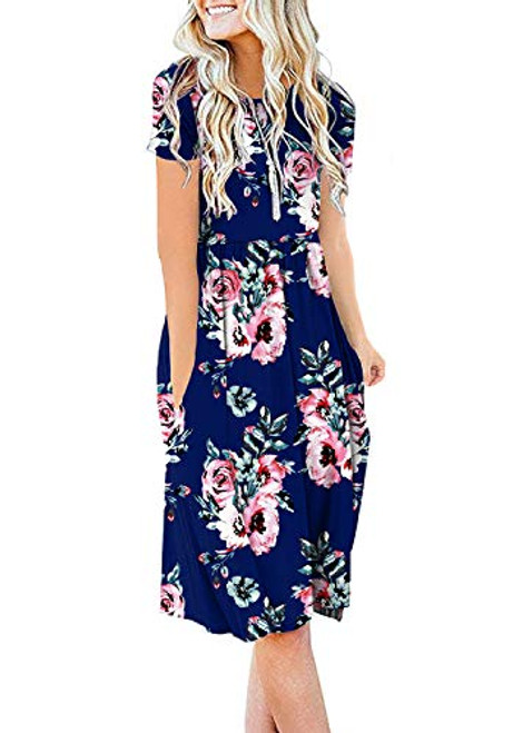 DB MOON Women Summer Casual Short Sleeve Dresses Empire Waist Dress with Pockets Flower Navy Blue M DB MOON Women Summer Casual Short Sleeve Dresses Empire Waist Dress with Pockets Flower Navy Blue M