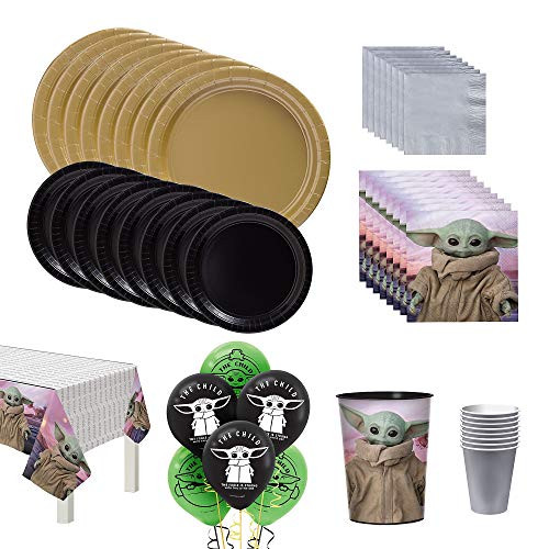 Party City The Mandalorian Birthday Tableware Decorating Kit for 8 Guests Includes Star Wars Plates Napkins Cups and Balloons