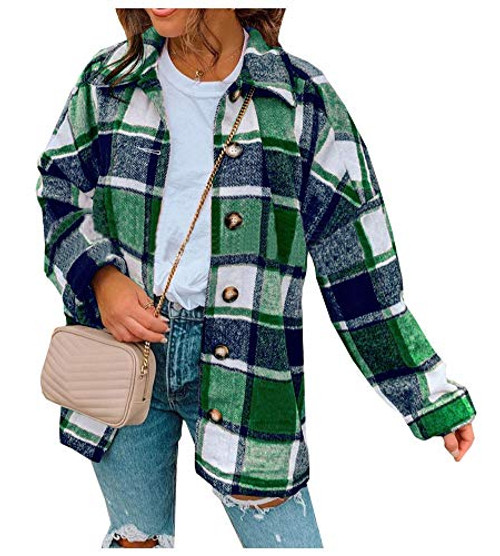 CYLADY Womens Long Sleeve Flannel Plaid Shirts Collared Button Down Blouse Top Green