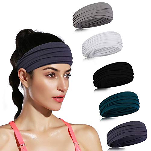 DINIGOFIN Wide Sports Headbands for Women Non Slip Workout Headband Moisture Wicking Sweatband for Yoga Running Athletic FitnessSolid Color 5PCS DINIGOFIN Wide Sports Headbands for Women Non Slip Workout Headband Moisture Wicking Sweatband for Yoga Running Athletic FitnessSolid Color 5PCS