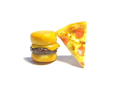 Fast Food Combo Earrings - Cheeseburger and Pizza - Tiny Food Jewelry
