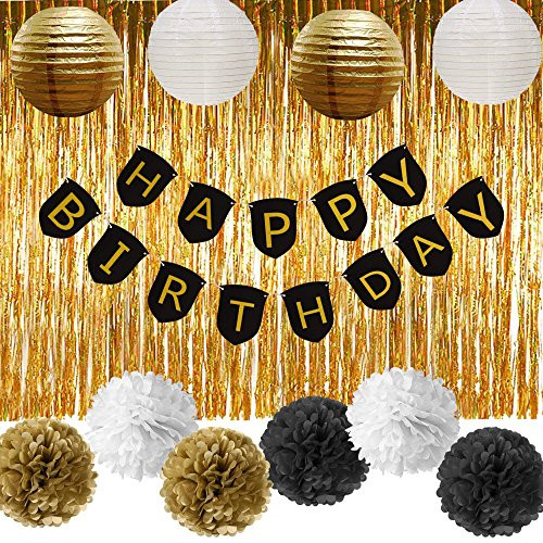 Paxcoo Black and Gold Party Decorations with Happy Birthday Banner for 18th, 21st, 30th, 40th, 50th, 60th, 75th, 80th Birthday