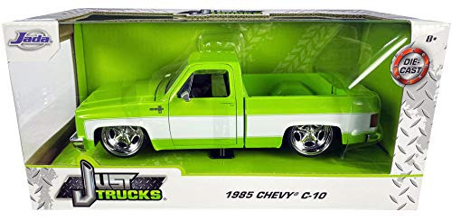 1985 Chevy Silverado C-10 Pickup Truck with Custom Sugar C. Wheels Bright Green with White Sides Just Trucks 1 24 Diecast Model Car by Jada 32686 1985 Chevy Silverado C-10 Pickup Truck with Custom Sugar C. Wheels Bright Green with White Sides Just Trucks 1 24 Diecast Model Car by Jada 32686