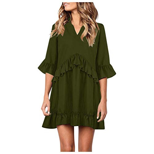 Portazai Women Tunic Dress V Neck Short Sleeve Button Casual Loose Flowy Swing Shift Dress Solid Ruffle Mini Dress