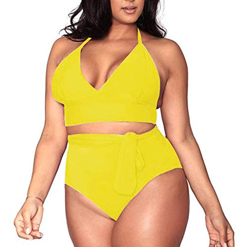 Womens Solid Plus Size High Waist Halter Bikini Swimsuit 2 Piece Tummy Control Swimwear Bathing Suit