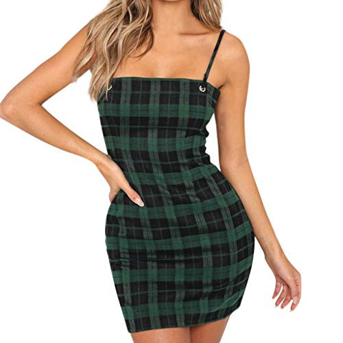 Womens Summer Print Mini Cami Bodycon Dress Plaid Spaghetti Straps Vintage Dress Retro Dress Green S