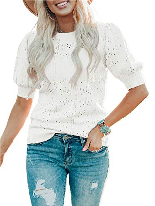 Foshow Womens Spring Crew Neck Puff Short Sleeve Sweaters Loose Knit Dot Pullover Tops Lightweight Sweater Blouse Shirt White