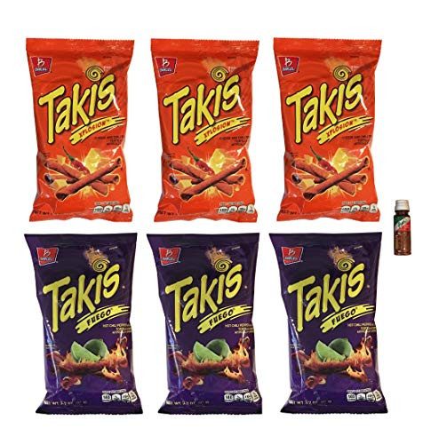 Takis Fuego and Takis Xplosion Tortilla Chips 3.2 oz - 3 of Each Flavor with Free Mini Tajin Clasico Seasoning  6 Pack