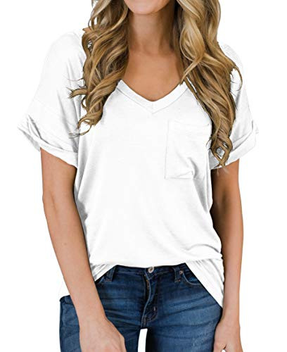 PrinStory Womens Casual Tops Short Sleeve V-Neck Shirts Loose Blouse Basic Tee T-Shirt White US S