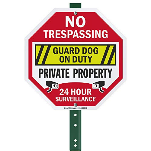 SmartSign No Trespassing - Private Property Guard Dog On Duty 24 Hour Surveillance Sign for Lawn 10 inch Octagon 3M Engineer Grade Reflective Aluminum Sign with 3 Stake SmartSign No Trespassing - Private Property Guard Dog On Duty 24 Hour Surveillance Sign for Lawn 10 inch Octagon 3M Engineer Grade Reflective Aluminum Sign with 3 Stake