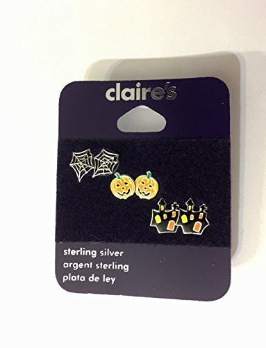 Claires Halloween Set of 3 Pairs Sterling Silver Stud Earrings - Spider Web Pumpkin and Haunted House
