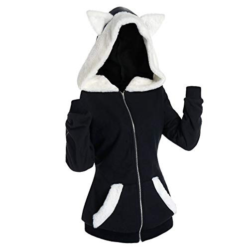 Womens Plush Coat Cat Ears Hooded Plush Zip Up Hoodie Sweatshirt Faux Furs Coat Jacket