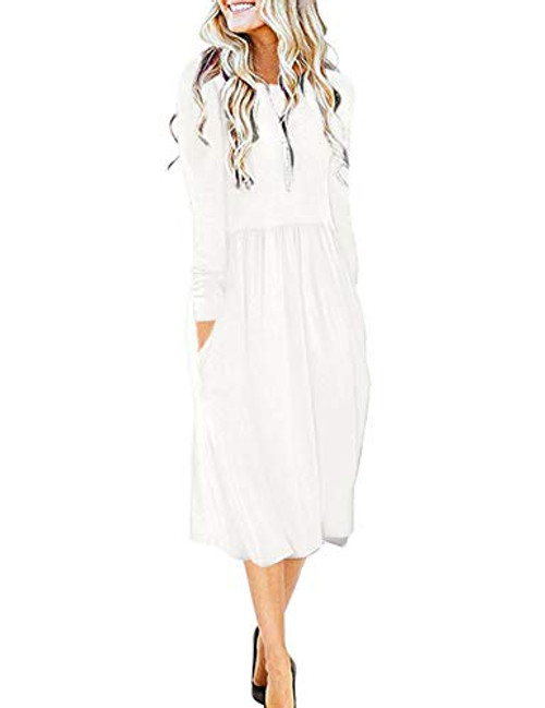 MISFAY Womens Long Sleeve Pockets Empire Waist Pleated Loose Swing Casual Flare Midi Dress L White MISFAY Womens Long Sleeve Pockets Empire Waist Pleated Loose Swing Casual Flare Midi Dress L White