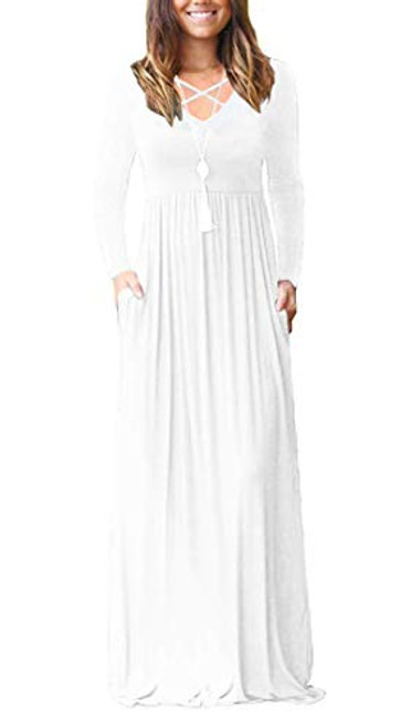 LILBETTER Women Long Sleeve Loose Plain Maxi Dresses Casual Long Dresses with Pockets  WhiteX-Large