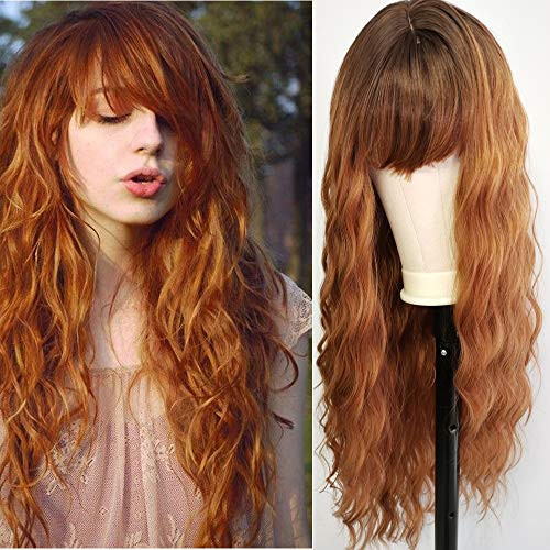 Sylhair Long Curly Wavy Wig with Bangs 30 inch Synthetic Wig for Women Dark Roots Honey Brown Wig for Daily Use Heat Resistant Fiber  R6 30A 26
