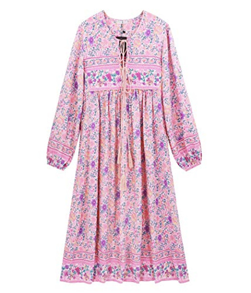 R.Vivimos Womens Long Sleeve Floral Print Retro V Neck Tassel Bohemian Midi Dresses  Small LightPink