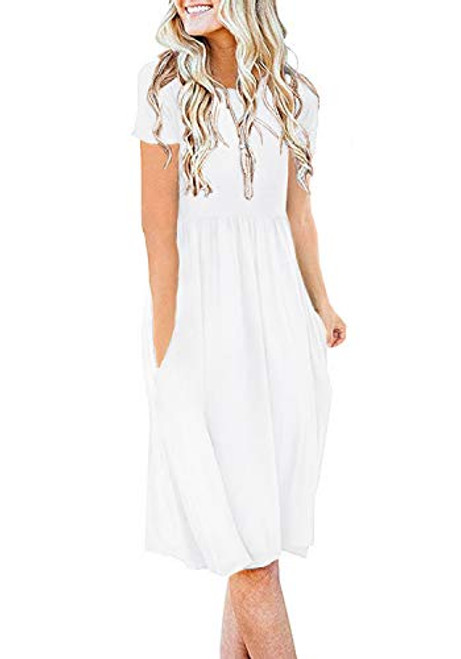DB MOON Women Summer Casual Short Sleeve Dresses Empire Waist Dress with Pockets  White 2XL