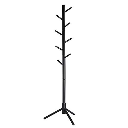 VASAGLE Coat Rack Solid Wood Coat Stand Free Standing Hall Coat Tree with 8 Hooks for Coats Hats Bags Purses for Entryway Hallway Rubberwood Black URCR04BK