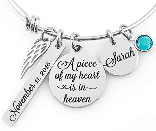 Memorial Jewelry Bangle -A piece of my heart is in heaven- Name Disc Angel Wings  and  Birthstone Crystal
