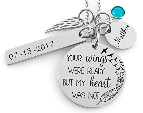 Memorial Jewelry Necklace - Your wings were ready but my heart was not- Name Disc Angel Wing  and  Birthstone Crystal