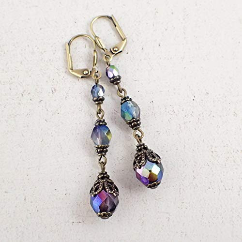 Colorful Iridescent Czech Glass Long Beaded Earrings with Vintage Style Antiqued Brass Colorful Iridescent Czech Glass Long Beaded Earrings with Vintage Style Antiqued Brass