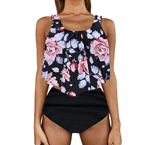 Two Piece Swimsuit for Women High Waisted Ruffled Bathing Suit Tummy Control Bikini Sets Wide Straps Swimwear Beachwear Pink