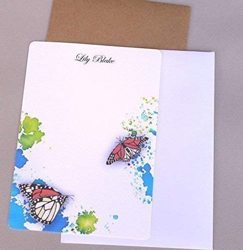 Personalized Flat Note Card Set Watercolor Monarch Butterfly Girls Custom Monogram Stationery Stationary Kit Womens Contemporary Garden Cards