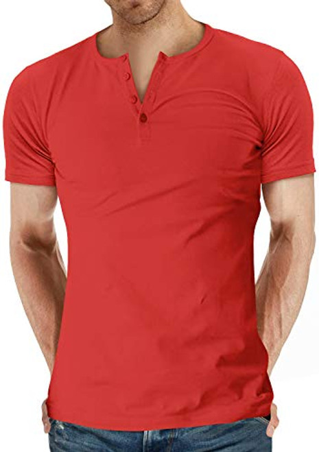 YTD Mens Casual Slim Fit Short Sleeve Henley T-Shirts Cotton Shirts L Red