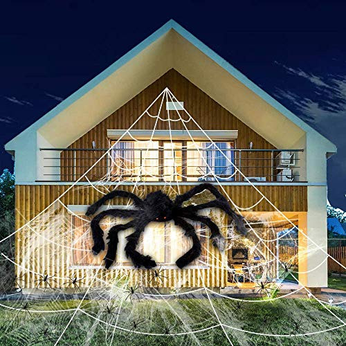 DECOMEN Halloween Spider Web Decorations 16.4 Ft Halloween Spider Web 60 inch  Giant Spider 20 Small Black Spiders in 200 sq ft Fake Spider Web Cobwebs for Halloween Party Supplies Yard  Black