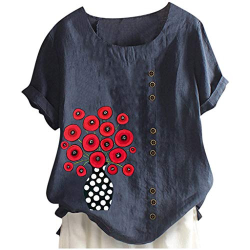 ZSBAYU Linen Shirts Women O-Neck Short Sleeve Floral Print Vintage Blouse Tunic Pullover Casual Buttons Tops Navy
