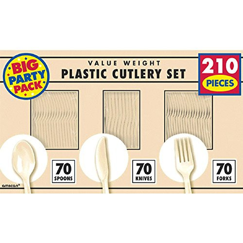 Amscan Reusable Big Party Pack Value Window Box Cutlery Set, Vanilla Crme, Plastic , 6" x 11", Pack of 210
