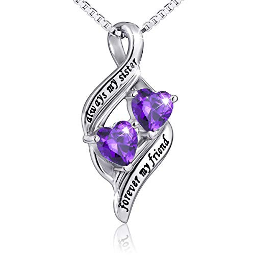 925 Sterling Silver Always My Sister Forever My Friend Double Love Heart Necklace Box Chain 18 inch