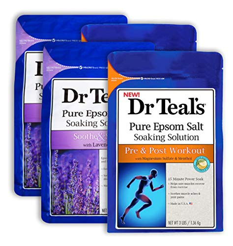 Dr Teals Epsom Salt Bath Combo 4-Pack  12 lbs Total  Soothe  and  Sleep with Lavender and Pre and Post Workout with Magnesium Sulfate and Menthol