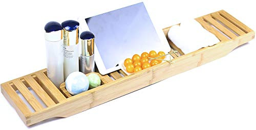 Luxury Bath Caddy Tray for Tub   Bath Table   Premium Bamboo Bathtub Tray for Tub   Fits All Bath Accessories Wine Glass Books Tablets Cellphones Shampoo   Bath Shelf Foldable.