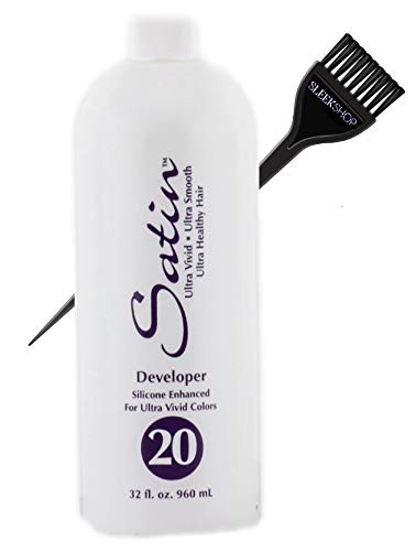 Satin Hair Developer Silicone Enhancing for Ultra Rich Vivid Colors  w Sleek Brush  Haircolor Dye Activator Hydrogen Peroxide  20 Volume   6 percent - 32 oz LARGE size