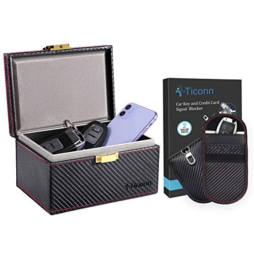 TICONN Faraday Bag for Key Fob  2 Pack Carbon Fiber Texture   and  Faraday Box  Carbon Fiber Texture  Car RFID Signal Blocking Anti-Theft Pouch Anti-Hacking Case Blocker
