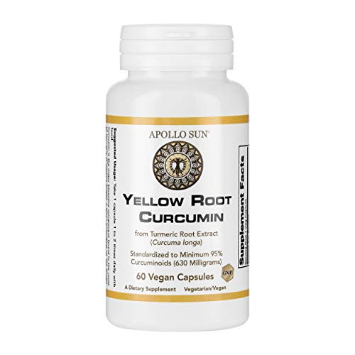 APOLLO SUN Yellow Root Curcumin Turmeric Supplement 665 Milligrams  Standardized to a minimum of 95 percent Curcuminoids  630mg  from Turmeric Root Extract  Curcuma Longa   60 Vegan Capsules  Pack of 1