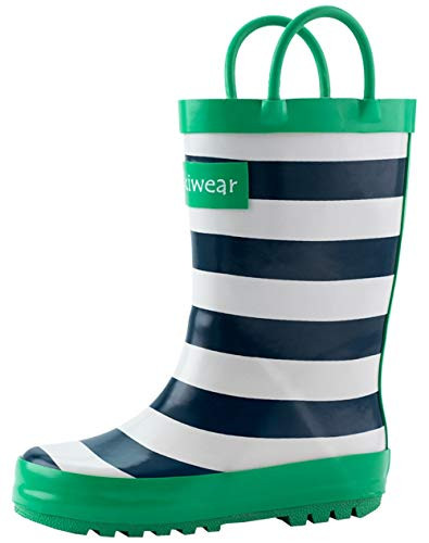 OAKI Kids Rain Boots with Handles Blue White  and  Green Stripes 4Y Big Kid