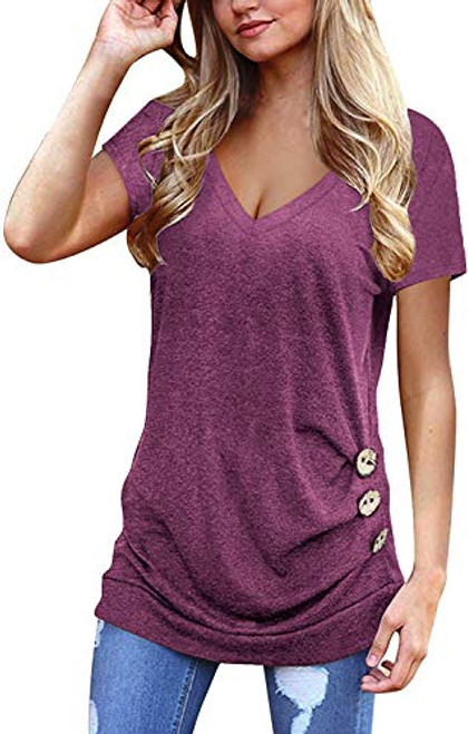 Jescakoo Womens Long T Shirts Short Sleeve V Neck Tunic Tops Summer Solid Color L