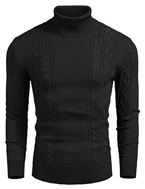 COOFANDY Mens Slim fit Turtleneck Sweater Casual Cable Knitted Pullover Sweaters Black