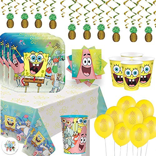 Spongebob Squarepants Exclusive Birthday Party Supplies Set  Serves 16 Guests  Includes Tablecover Plates Napkins Cups Pineapple Swirls and Balloons