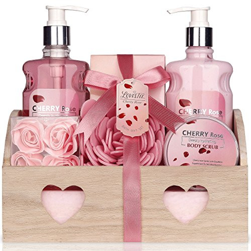 Spa Gift Basket - Bath and Body Works Cherry Rose Scent For Women - Spa Bath Kit  and  Bath Gift Basket Birthday Gift includes Shower Gel Body Lotion Bath Salt Body Scrub Sponge  and  Soap