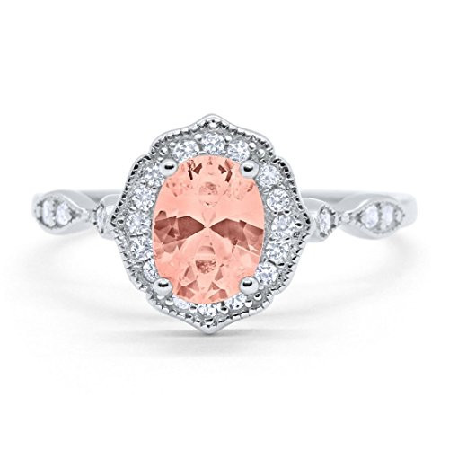 Blue Apple Co. Simulated Morganite Cubic Zirconia Size-9 Art Deco Antique Style Wedding Engagement Ring Oval Round Simulated Cubic Zirconia 925 Sterling Silver