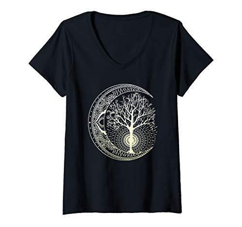 Womens Mandala Moon Tree of Life Tattoo Style V-Neck T-Shirt