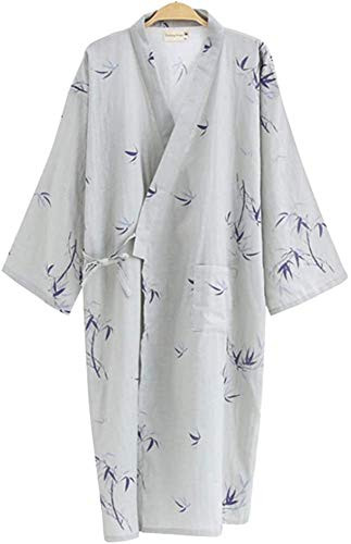 Shanghai Story Grey Men Cotton Kimono Bathrobe with Pockets Robe L Bamboo Printed