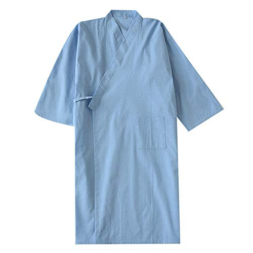 Shanghai Story Blue Solid Cotton Kimono Bathrobe for Men Yutaka with Pockets Robe XL