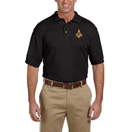 Gold Square  and  Compass Embroidered Masonic Mens Polo Shirt -  Black  X-Large