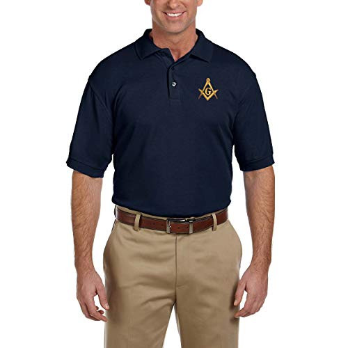 Gold Square  and  Compass Embroidered Masonic Mens Polo Shirt -  Navy  X-Large