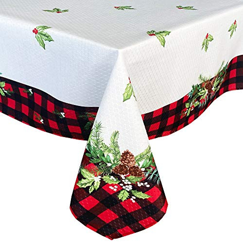 Lintex Aspen Red Black Plaid and Garland Bordered Christmas Tablecloth Cottage Check Bordered Xmas and Holiday Print Easy Care Fabric Tablecloth 60 Inch x 102 Inch Oblong Rectangle